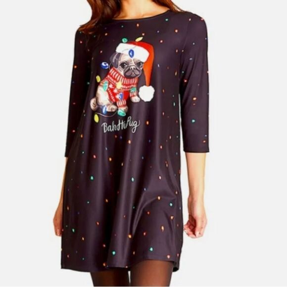 Bah Hum Pug Dress Works Size Medium Dog Santa Festive Holiday Dresses - Picture 10 of 13